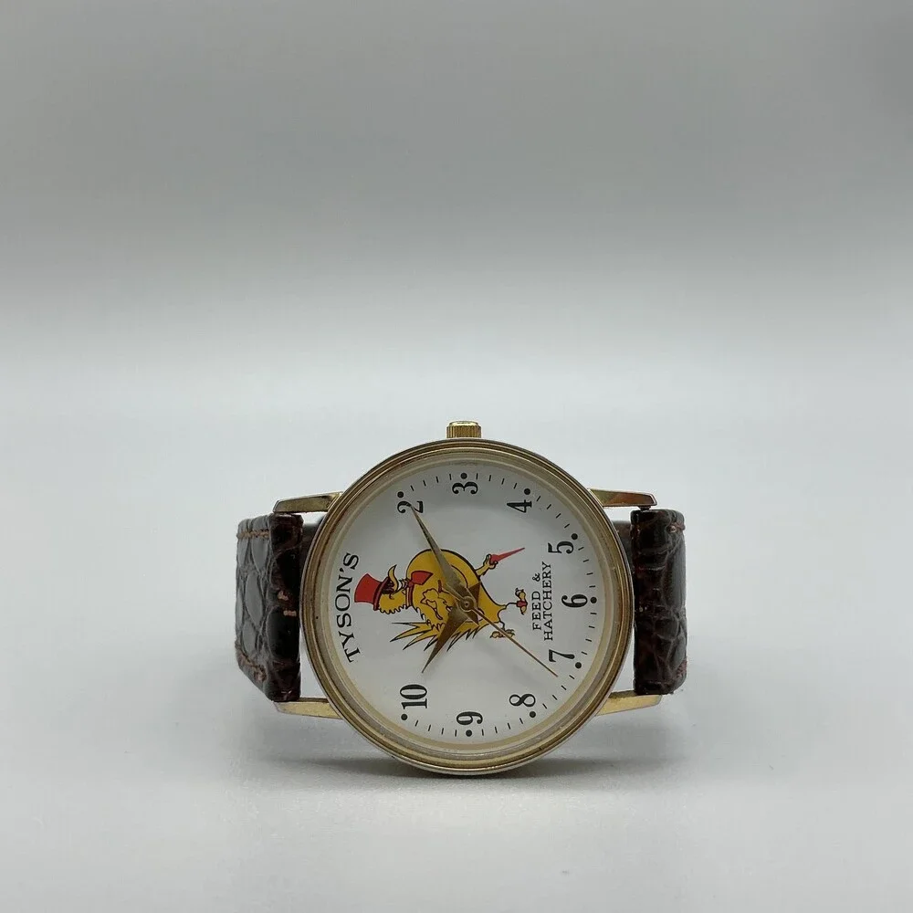 Vtg Tyson's Feed & Hatchery Mens Watch 32mm Gold Tone Logo Leather New Battery